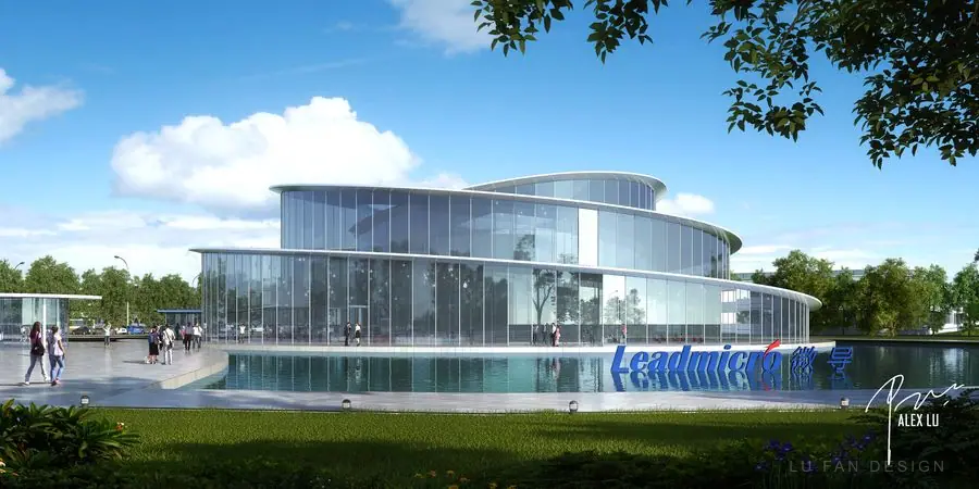 Day view of headquarters entrance and water interface