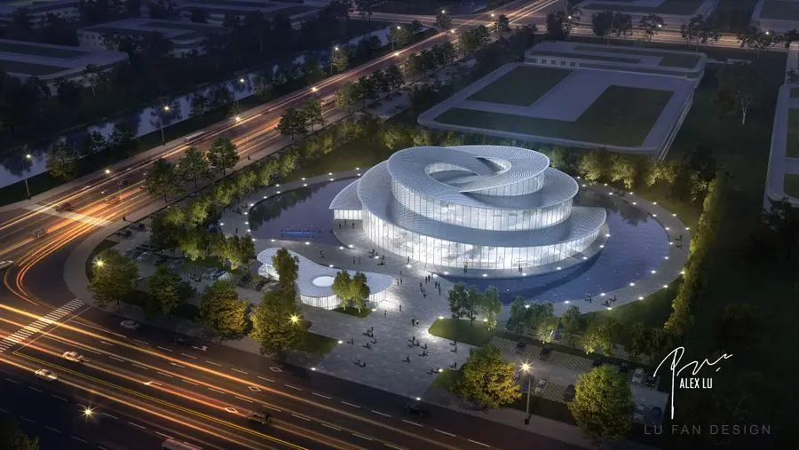 Night aerial view of technology headquarters