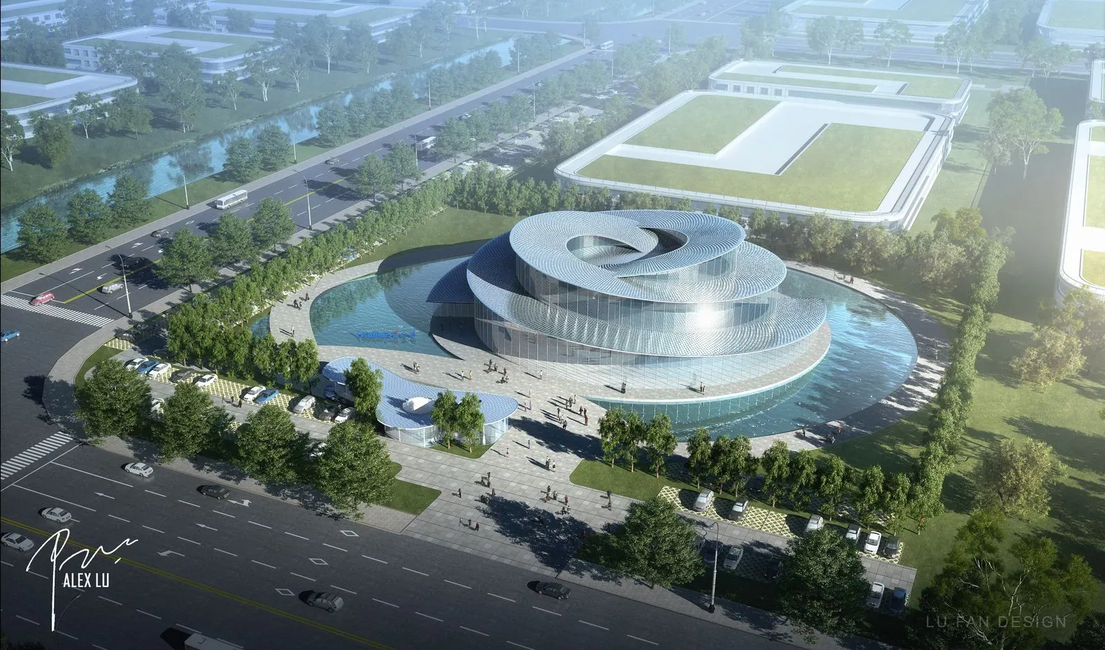 Technology headquarters office architecture aerial view