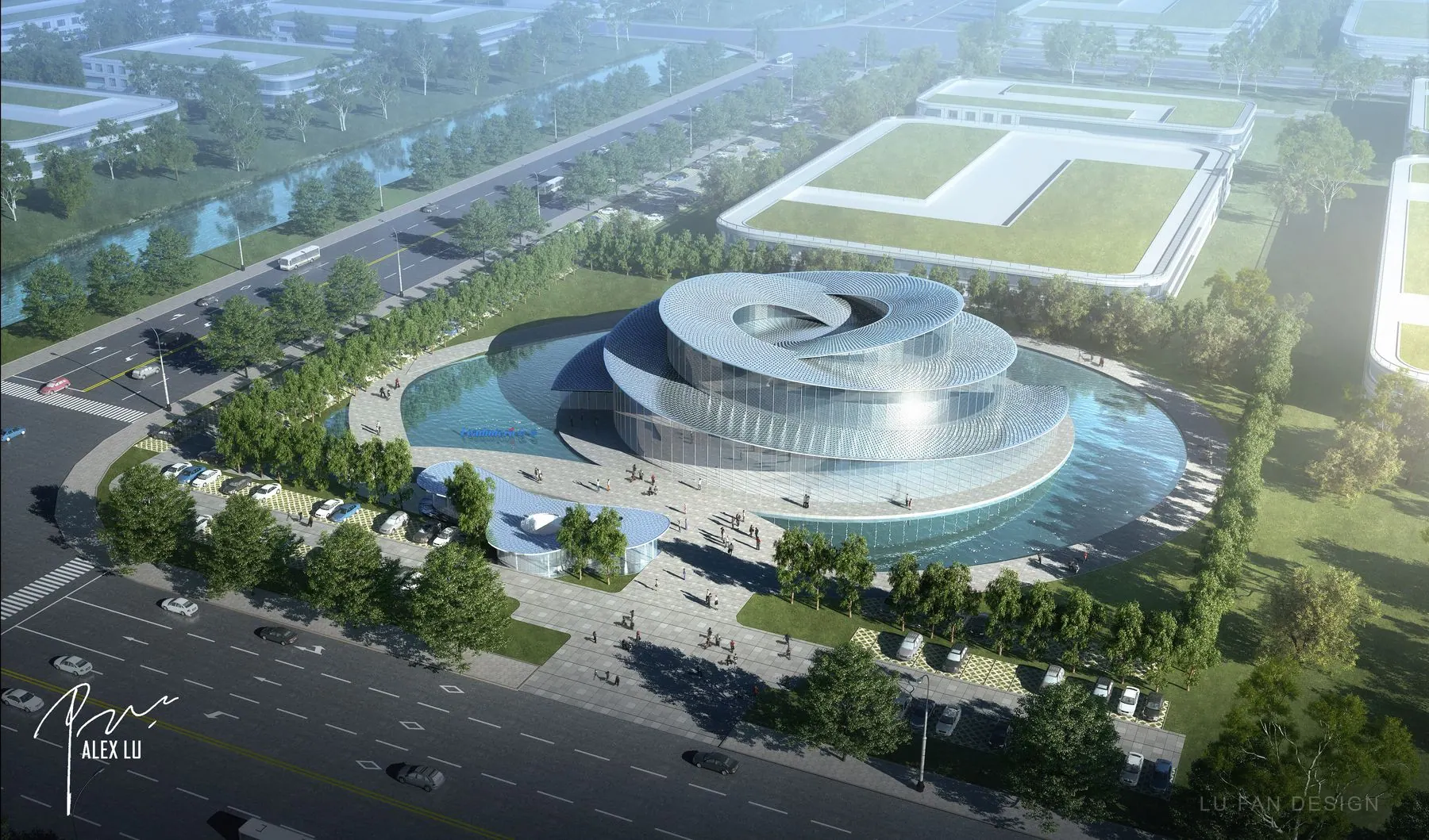 Technology headquarters office architecture aerial view