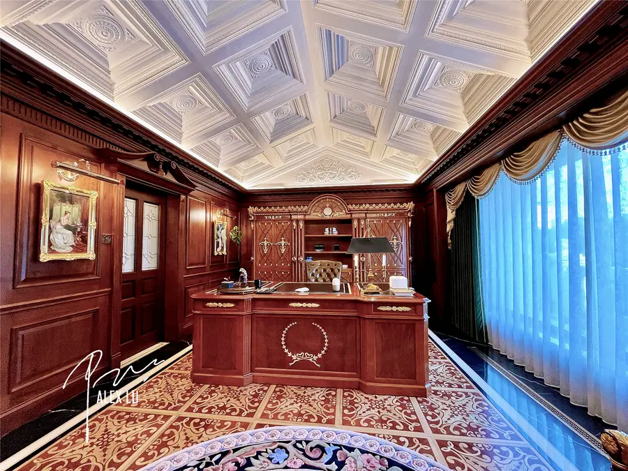 Classical study room with dark wood millwork