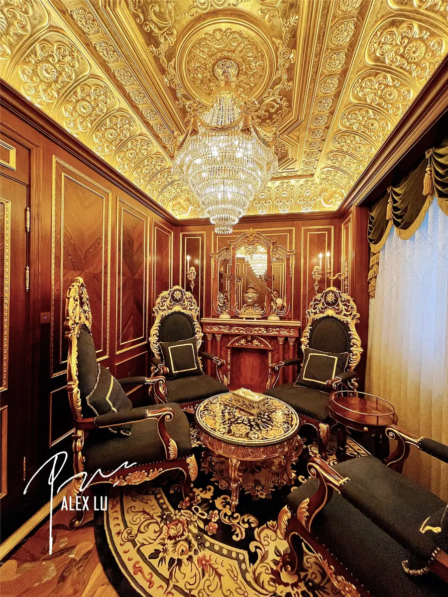 Classical cigar room with wood paneling and decorative ceiling