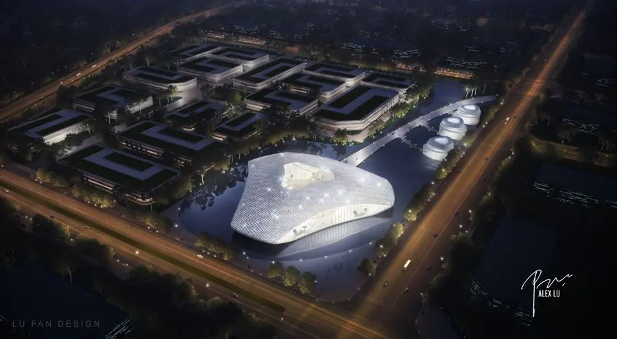 Night view of campus planning and illuminated headquarters