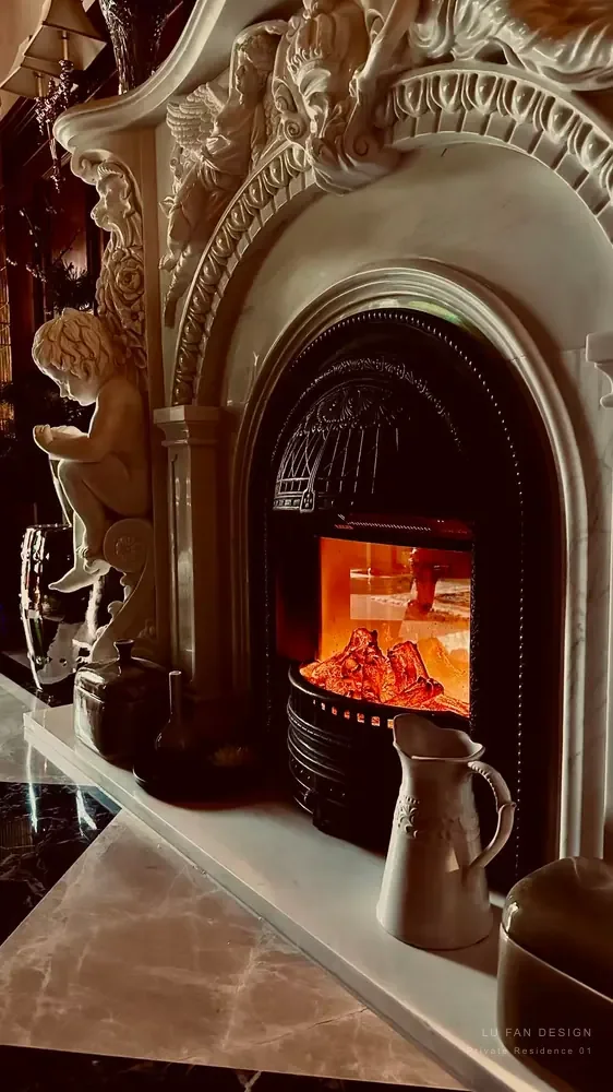 Carved fireplace detail and warm material depth