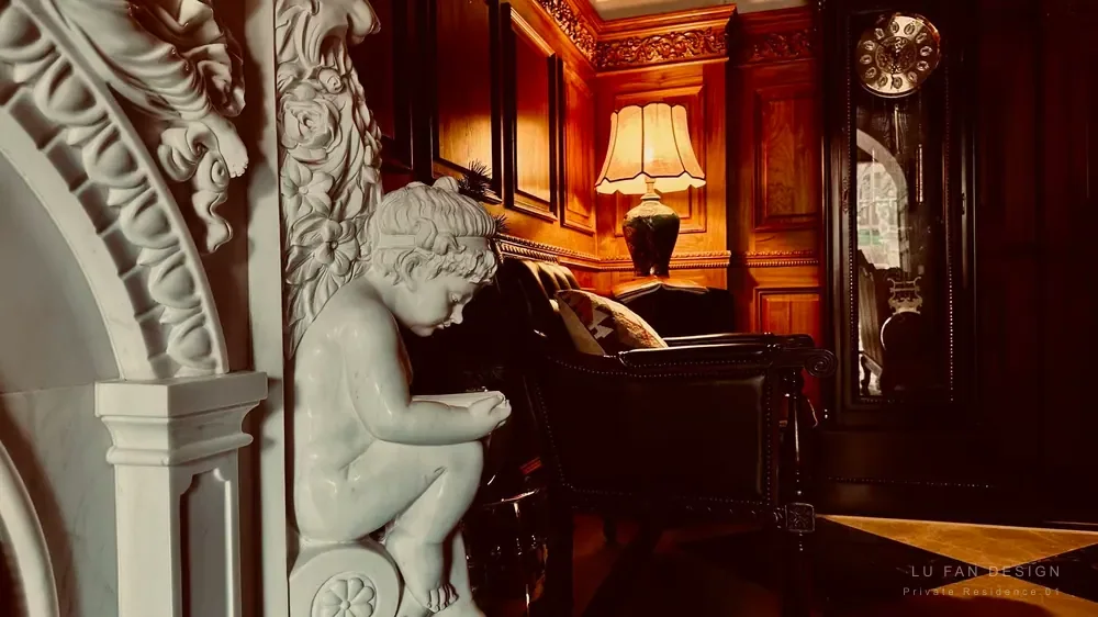 Carved stone detail, warm lamp and teak woodwork