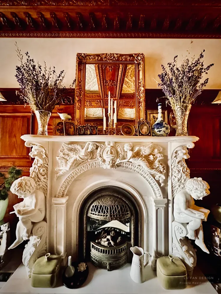 Fireplace, carved mantel and warm woodwork in Private Residence 01