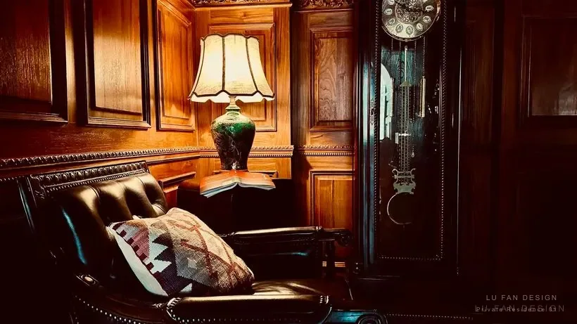 Warm wood lounge detail with collected objects